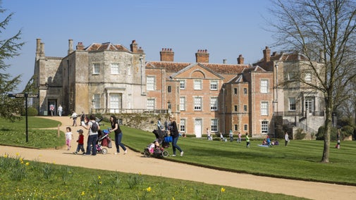 Family visitors enjoying spring in the grounds of Mottisfont, Hampshire